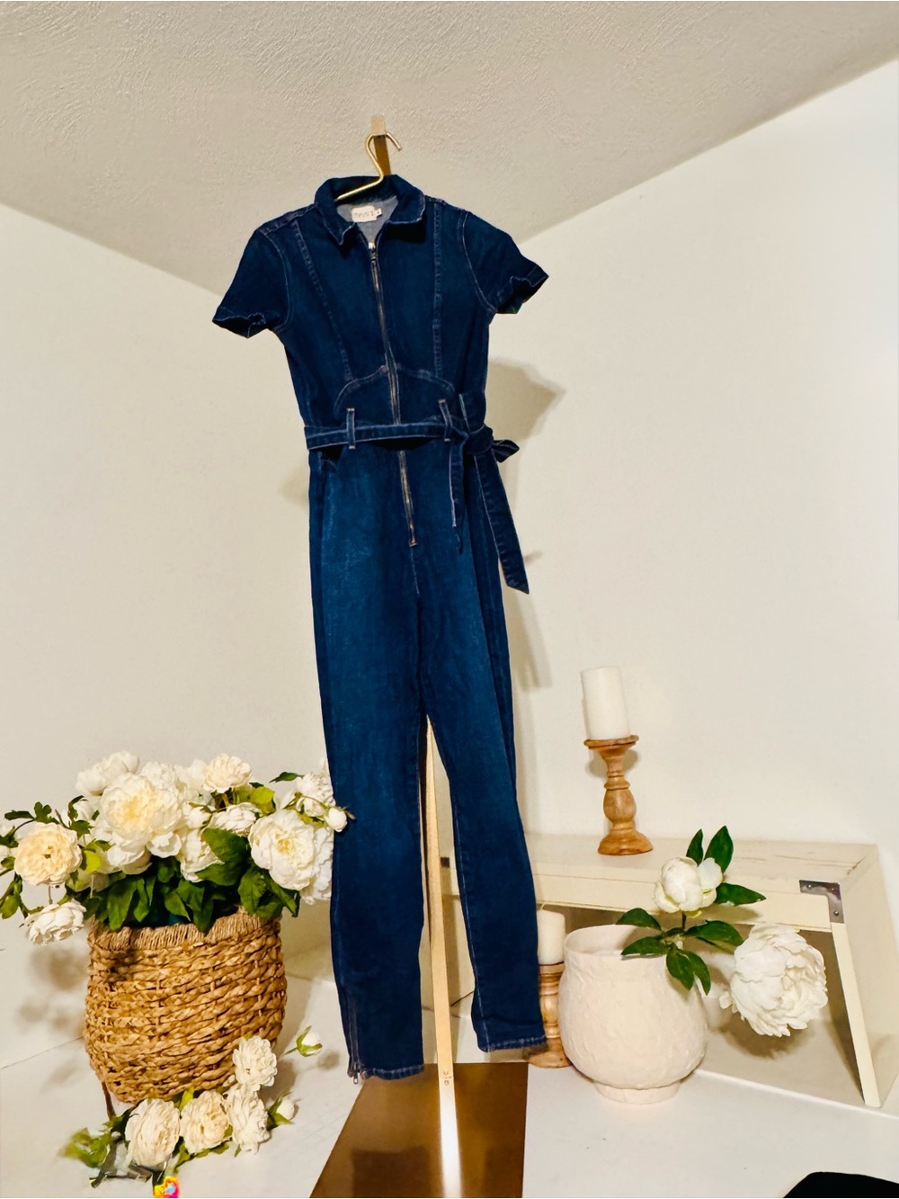 Alice + Olivia Dark Blue Denim Short-Sleeve Zip Jumpsuit